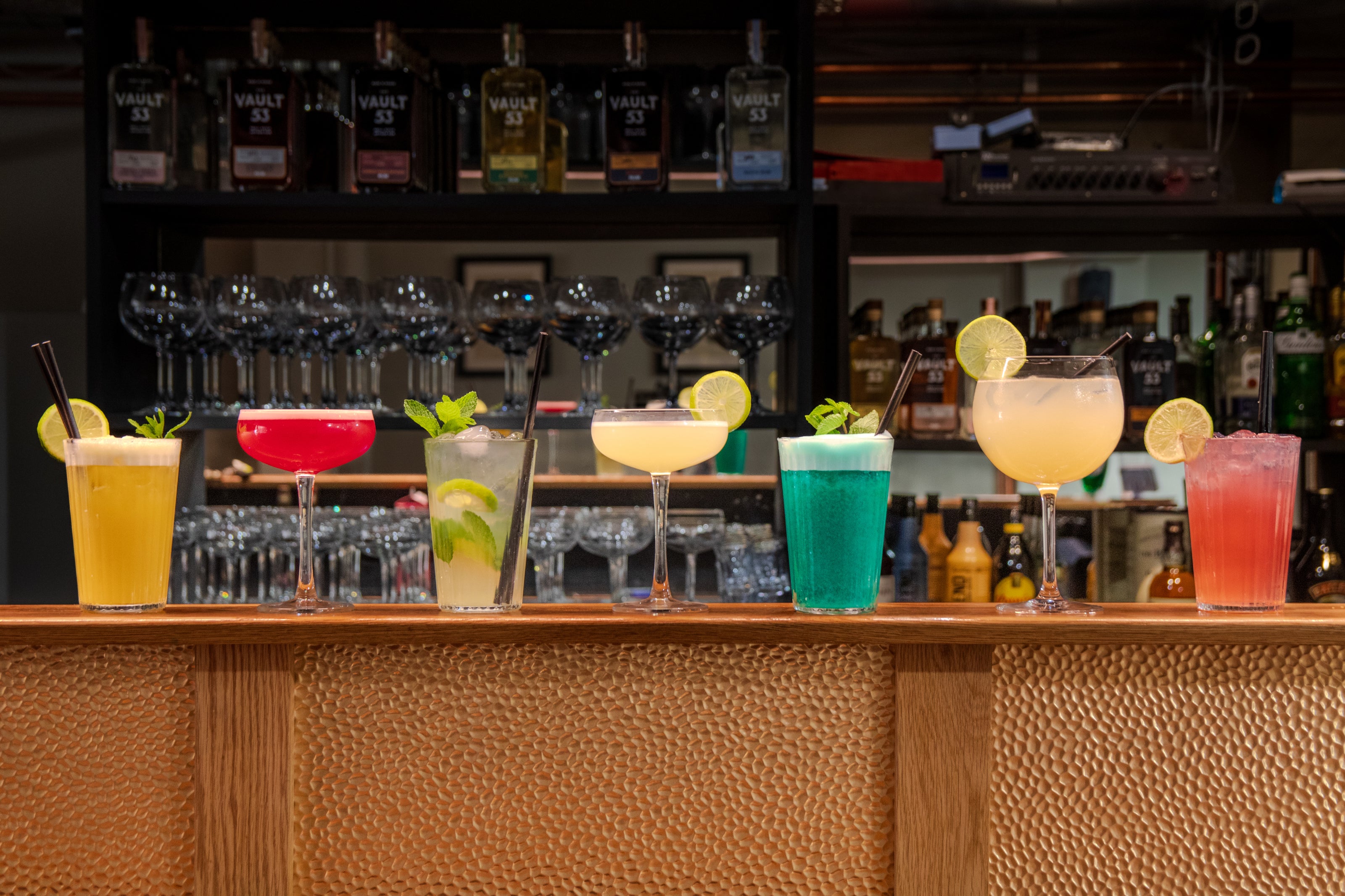 A range of cocktails sat on the bar at Vault 53