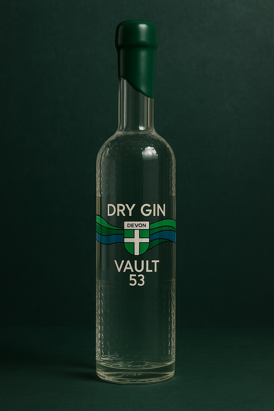 Bottle of Dry Gin with 'Devon Vault 53' label on a dark background